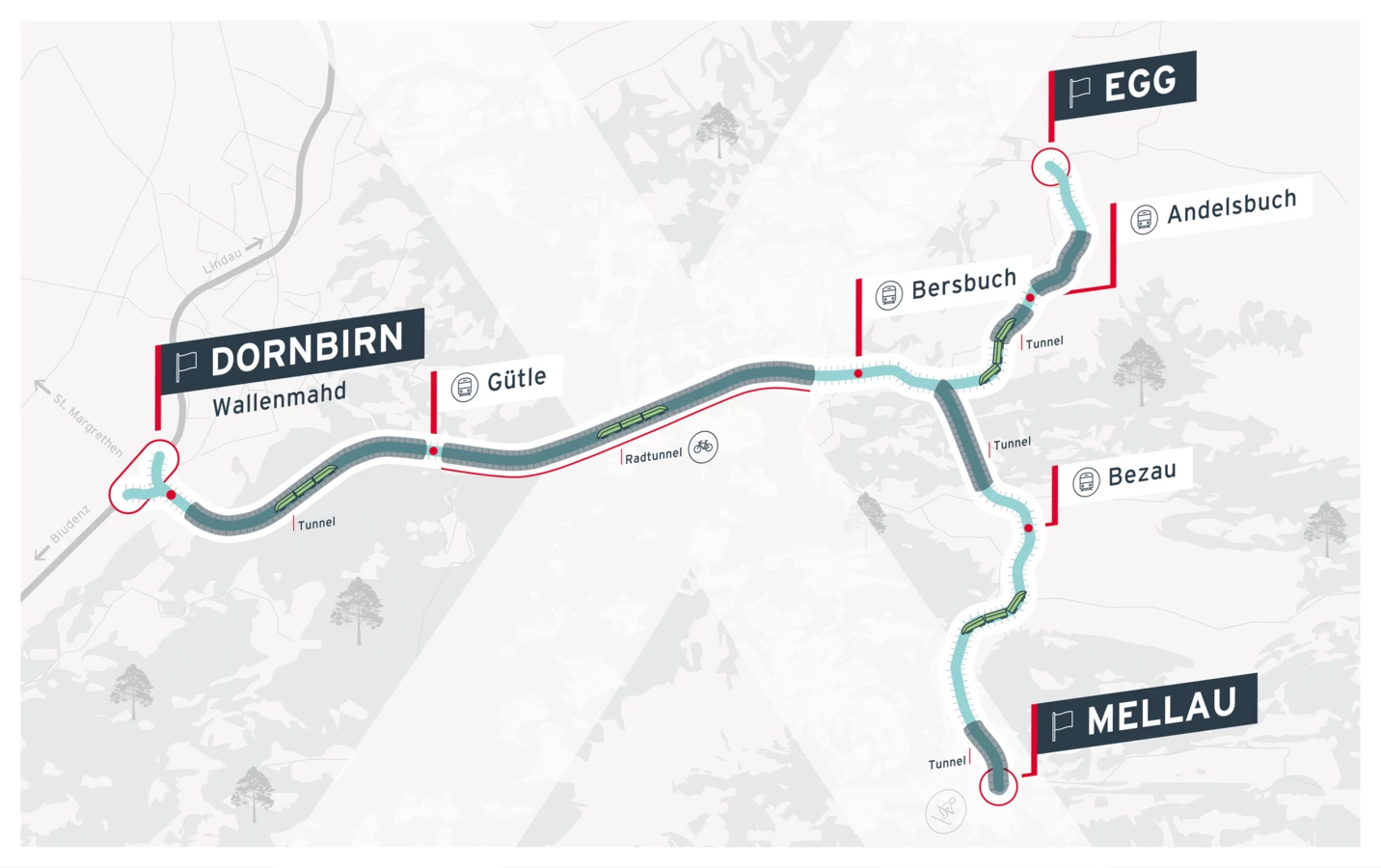 Mit dem „Wälderexpress“ schrumpft die Fahrtzeit von Dornbirn auf weniger als 30 Minuten. Und umwelt- und ressourcenschonender wird’s auch.
Quelle: Rhomberg Gruppe
