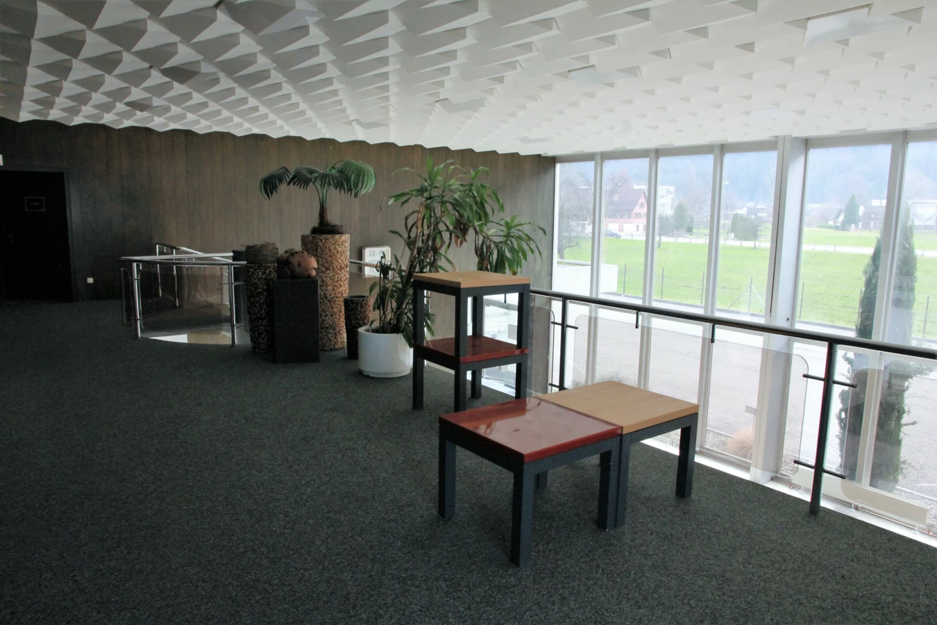Büroinnenraum mit grauem Teppich, einer Wand aus Holzpaneelen, Pflanzen und Tischen vor Fenstern mit Blick auf eine grüne Wiese (Froschweg, Hockern, Geländer).