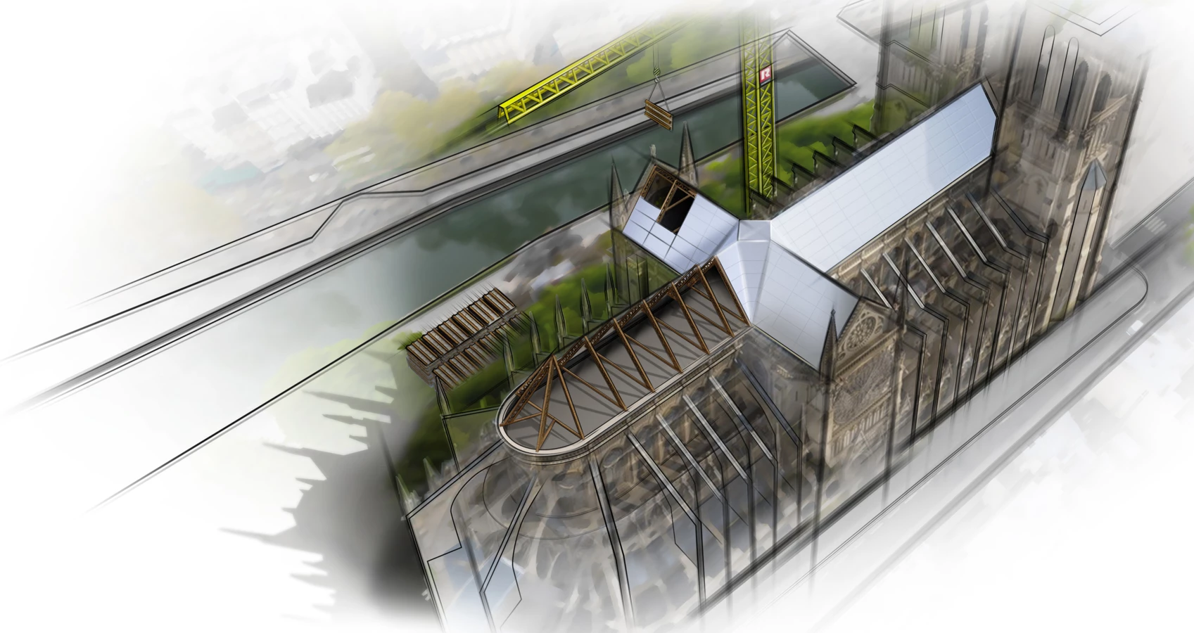 Gut bedacht: Mit vorgefertigten Fachwerk- und Holz-Rippenelementen kann Rhomberg Bau die Kathedrale Notre-Dame de Paris innert kürzester Zeit mit einem neuen Dach ausstatten. (Quelle: Dominic Schindler Creations/Rhomberg Bau, Abdruck honorarfrei) Gut bedacht: Mit vorgefertigten Fachwerk- und Holz-Rippenelementen kann Rhomberg Bau die Kathedrale Notre-Dame de Paris innert kürzester Zeit mit einem neuen Dach ausstatten. (Quelle: Dominic Schindler Creations/Rhomberg Bau, Abdruck honorarfrei)