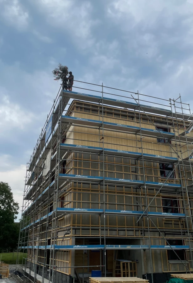 Holz auf Holz: Zwei Zimmerer von Sutter Holzbau beim Stellen des Firstbaums für den Neubau in der Neubaugasse, Lauterach. Darunter ist die Holzfassade sehr gut zu erkennen, die aktuell montiert wird.

