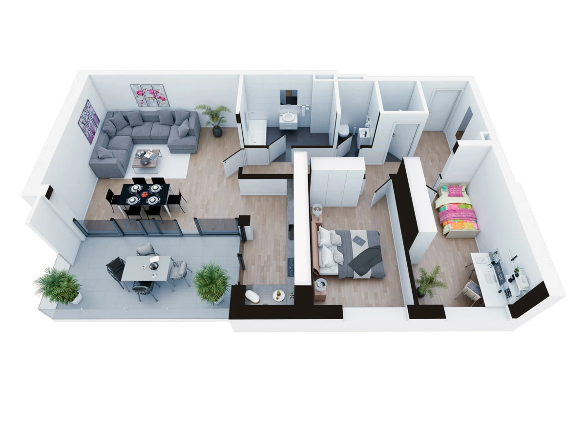 Grundriss 17 möbliertes Rendering Grundriss 17 möbliertes Rendering