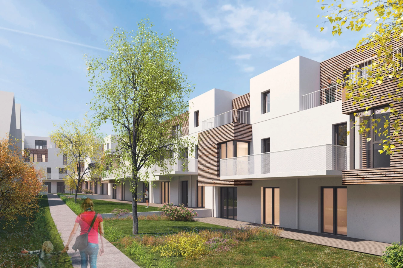 Natur in der Stadt – realisiert durch Grünflächen und den Einsatz von Holz. Natur in der Stadt – realisiert durch Grünflächen und den Einsatz von Holz.