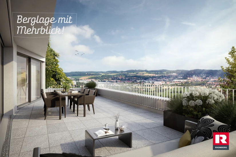 Hubertusblick_mit Logo_Terrasse mit Aussicht